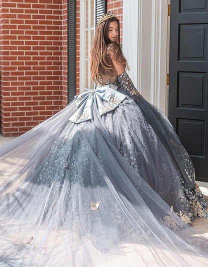 Quinceañera | Gray Black Metallic 3D Butterfly Big Ribbon Mesh Ball Gown with Waist Drape | Rafaela dress girl looking back