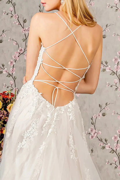 Back close-up upper view focusing on the unique open cut-out back design, featuring a traditional corset lace-up detail positioned above a discreet central zipper closure.
