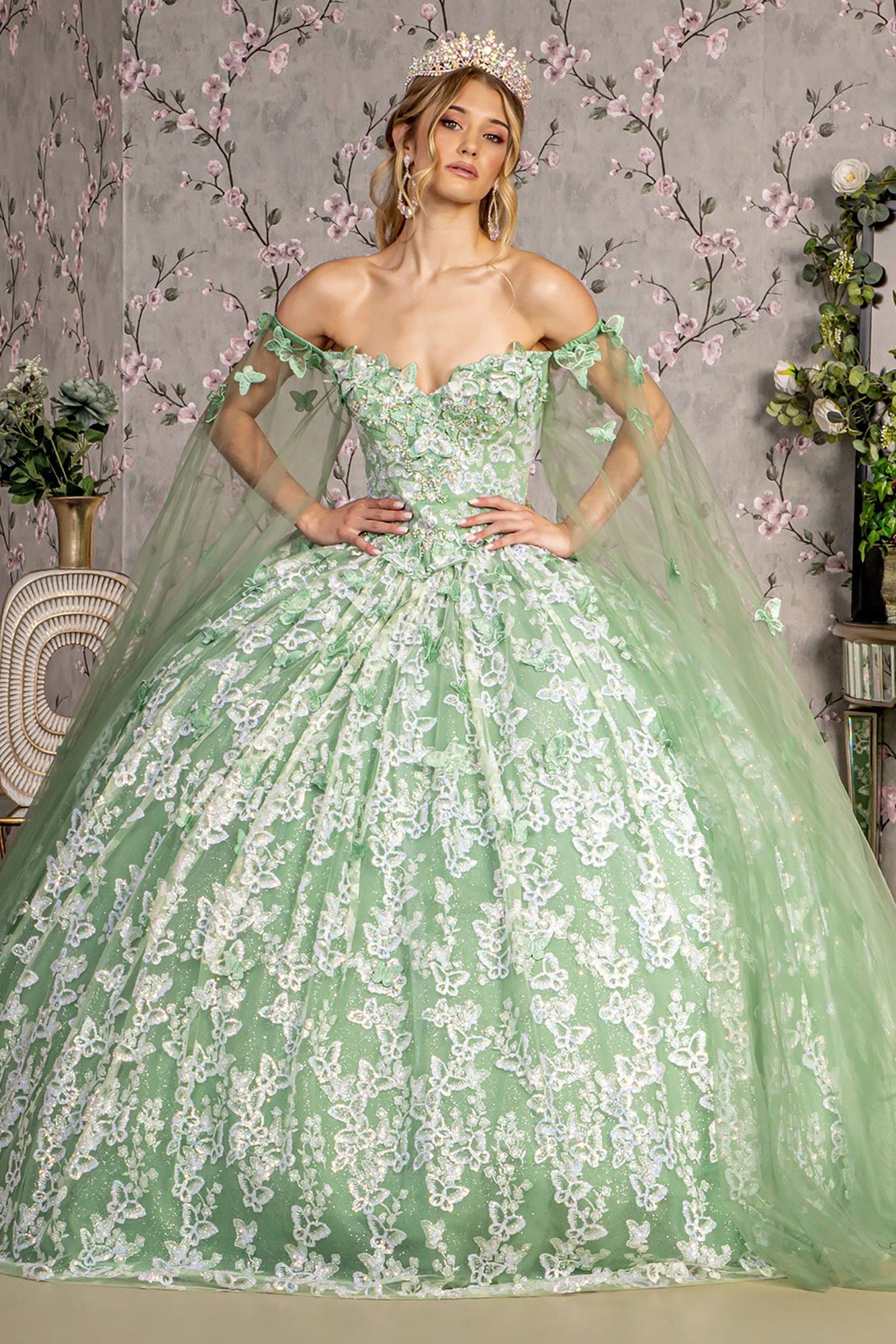 Quinceañera | Sage Jewel 3D Butterfly Mesh Quince Dress with Long Sheer Sleeve Sweet 15 | Plus Size Available | Odalys dress front view