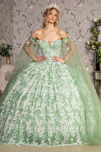 Quinceañera | Sage Jewel 3D Butterfly Mesh Quince Dress with Long Sheer Sleeve Sweet 15 | Plus Size Available | Odalys dress front view