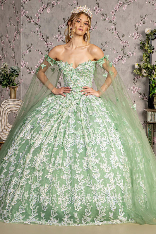 Quinceañera | Sage Jewel 3D Butterfly Mesh Quince Dress with Long Sheer Sleeve Sweet 15 | Plus Size Available | Odalys dress front view