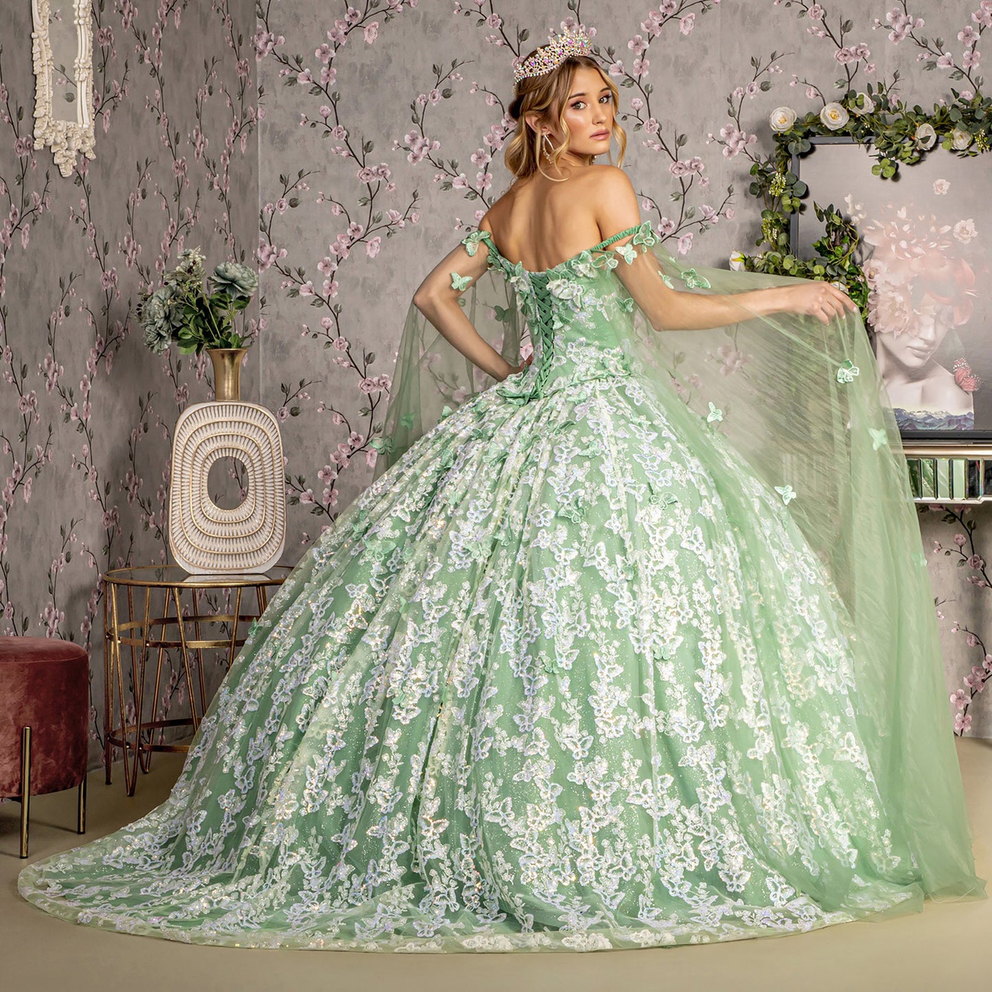 Quinceañera | Sage Jewel 3D Butterfly Mesh Quince Dress with Long Sheer Sleeve Sweet 15 | Plus Size Available | Odalys dress back view