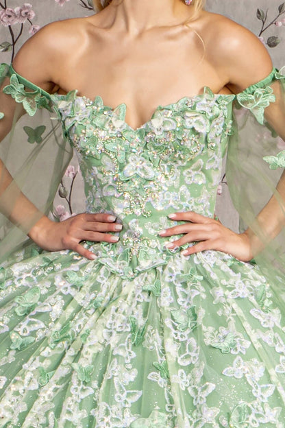 Quinceañera | Sage Jewel 3D Butterfly Mesh Quince Dress with Long Sheer Sleeve Sweet 15 | Plus Size Available | Odalys dress front top