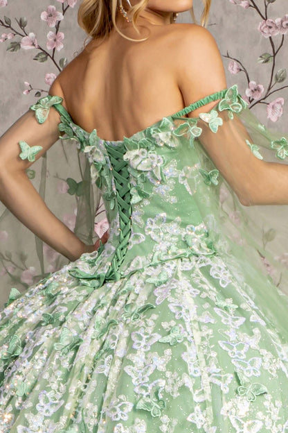 Quinceañera | Sage Jewel 3D Butterfly Mesh Quince Dress with Long Sheer Sleeve Sweet 15 | Plus Size Available | Odalys dress back zoom