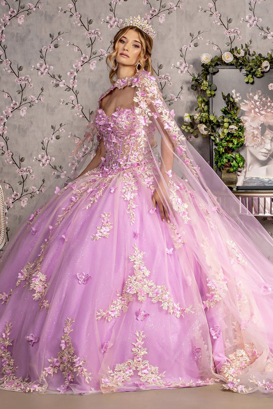 Lilac Strapless Sweetheart Ball Gown with Sheer Bodice & Side Mesh Drapes – Front View