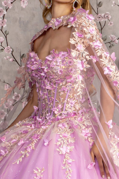 Close-Up of Lilac Strapless Sweetheart Ball Gown with Sheer Bodice and Flowing Side Mesh Drapes
