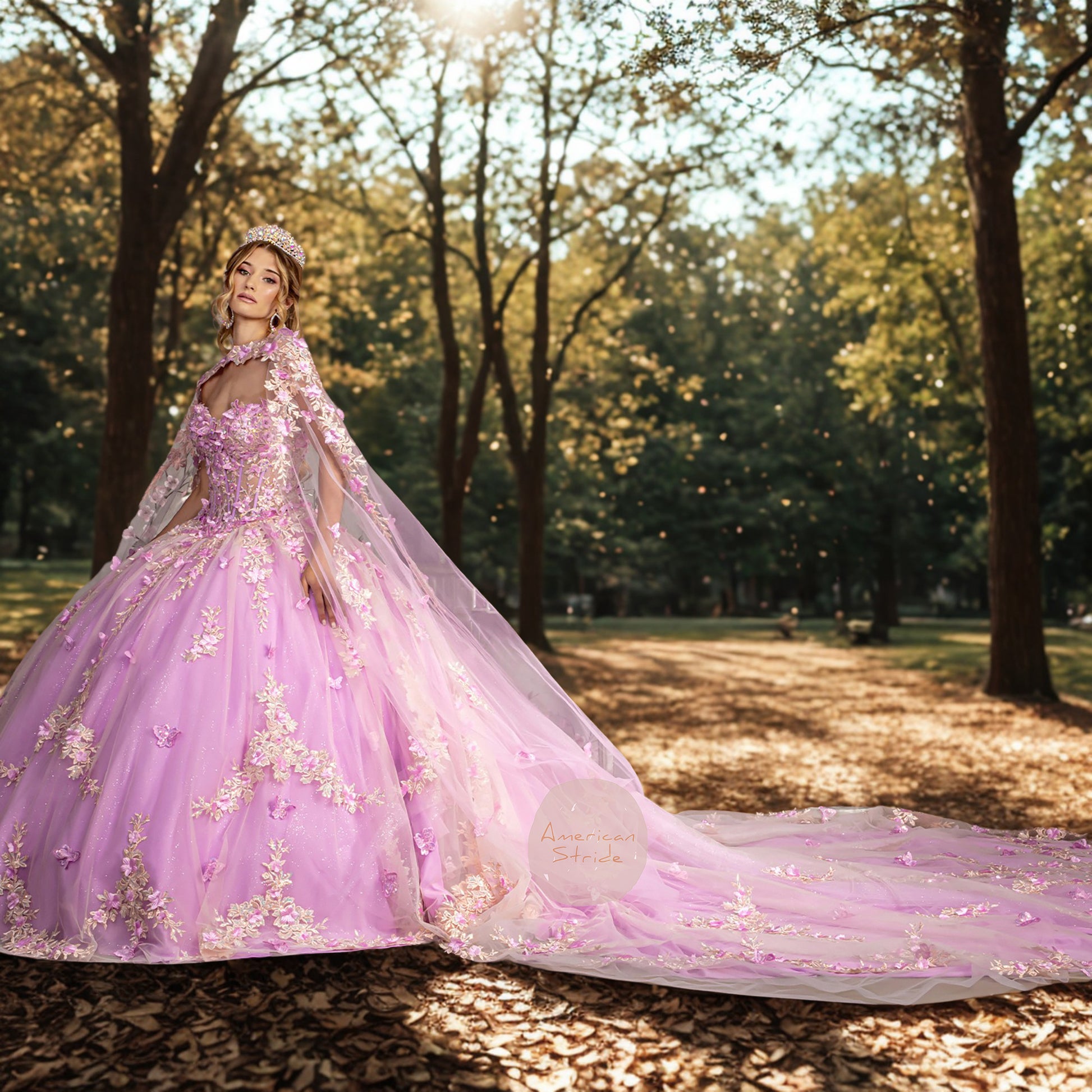 Quinceañera Lilac Floral Ball Gown Featuring Sheer Bodice and Elegant Mesh Drapes
