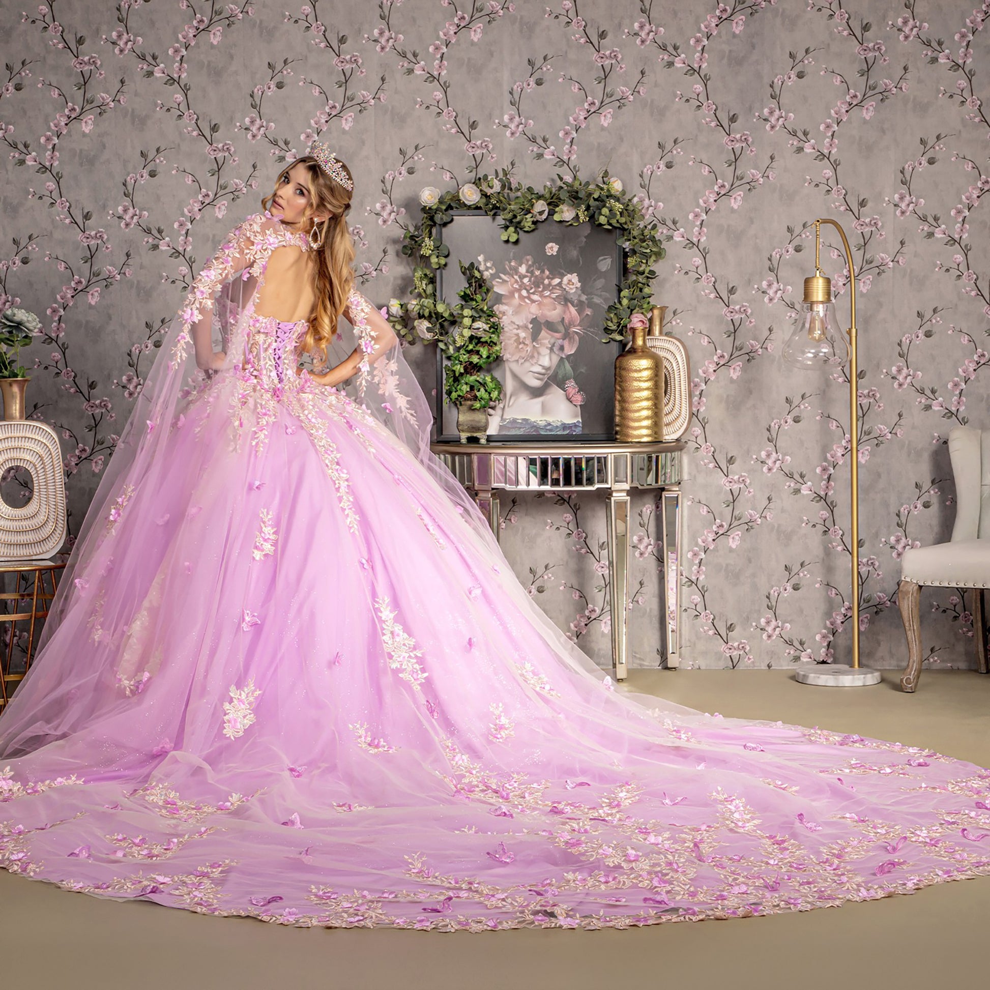 Lilac Strapless Sweetheart Ball Gown with Sheer Bodice – Full Back View with Drapes