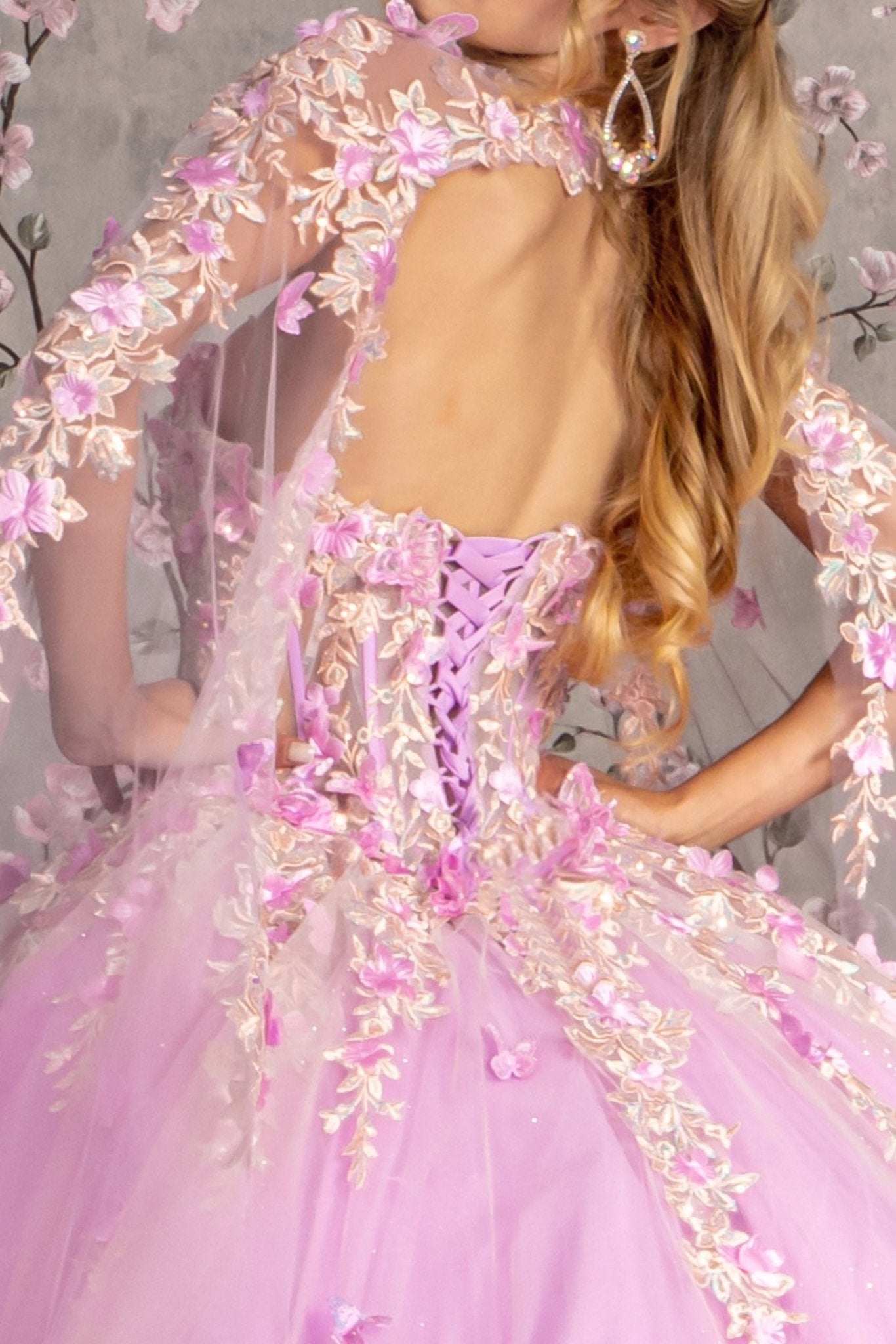 Back Close-Up of Lilac Sweetheart Ball Gown with Sheer Bodice and Side Mesh Drapes