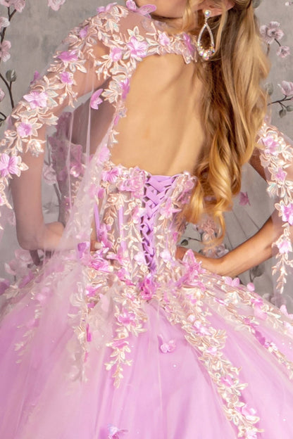 Back Close-Up of Lilac Sweetheart Ball Gown with Sheer Bodice and Side Mesh Drapes