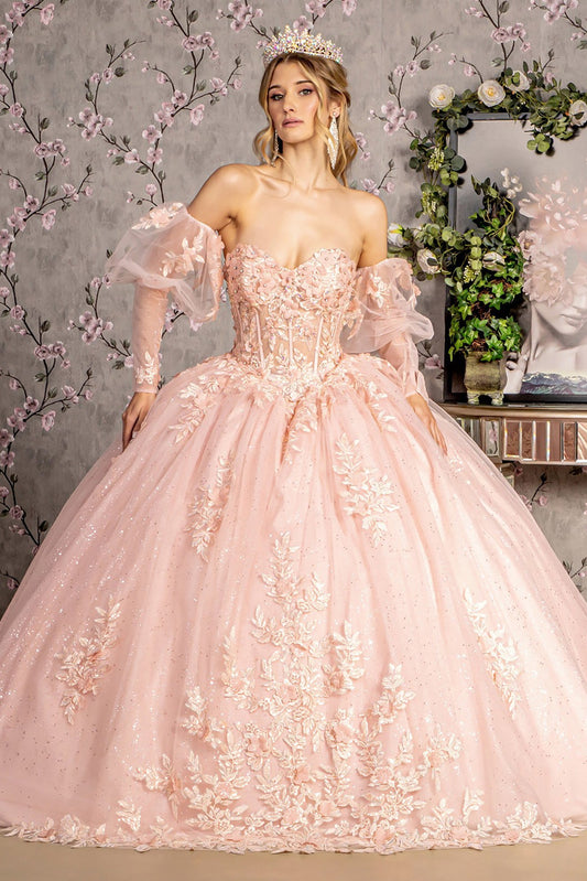 Quinceañera | Blush Glitter Embroidery Sheer Bodice Mesh Ball Gown with Detachable Long Puff Sleeves | Plus Size Available front view