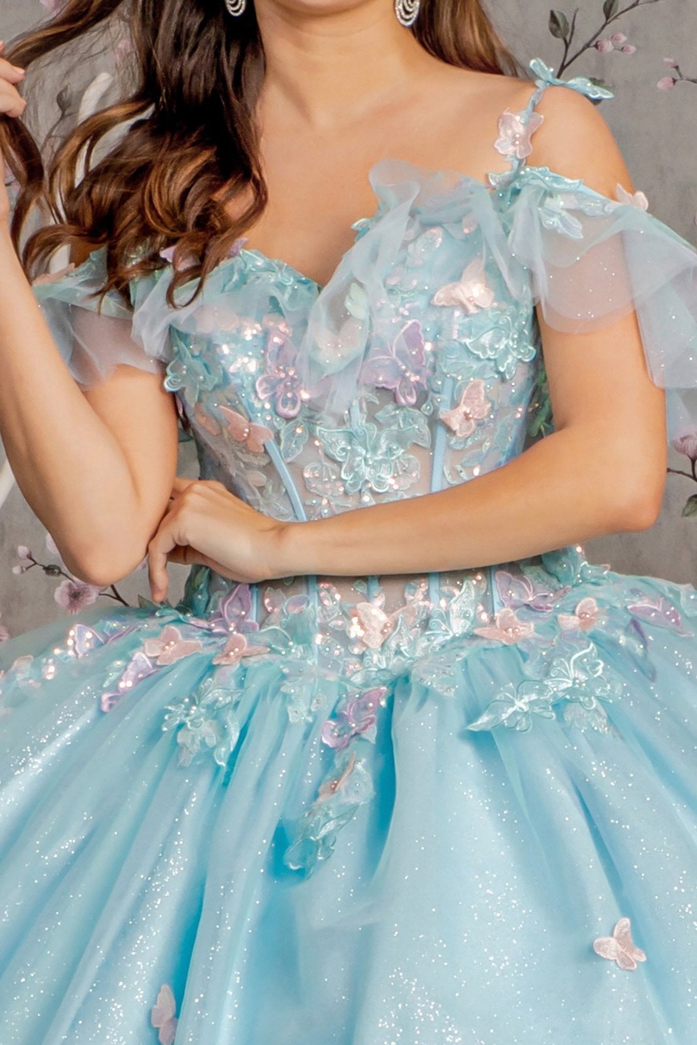 Baby Blue 3D Butterfly Jewel & Glitter Mesh Ball Gown with Ruffled Sweetheart – Zoom View