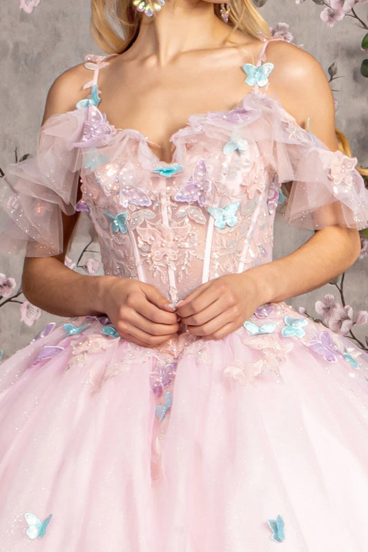 Pink 3D Butterfly Embellished Glitter Mesh Ball Gown with Ruffled Sweetheart Bodice – Front Close-Up