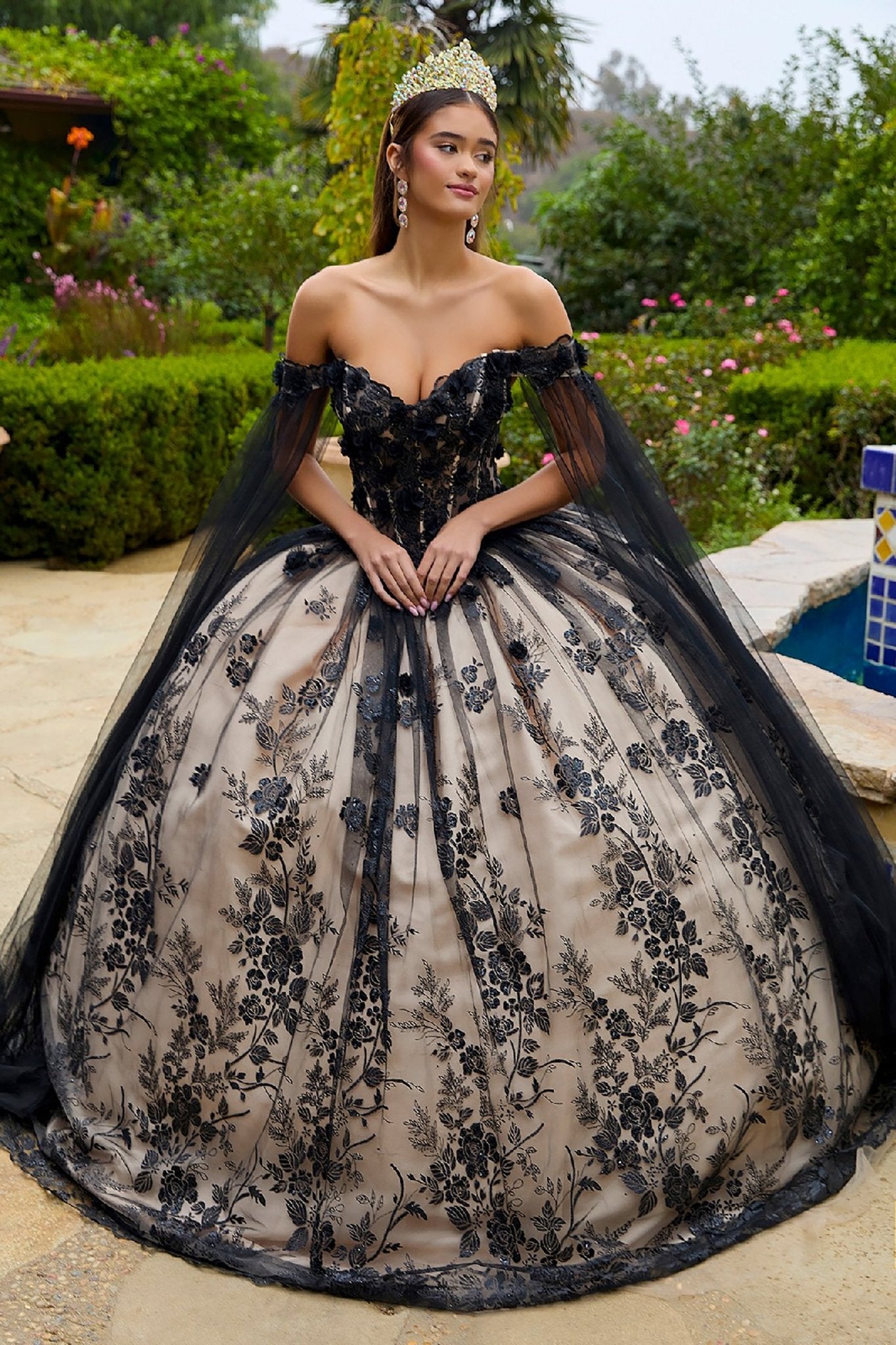 Quinceañera | Black Champagne 3D Floral Appliqué Glitter Pattern Embellished Mesh Sweet 15 Dress with Mesh Sleeves | Paiva dress