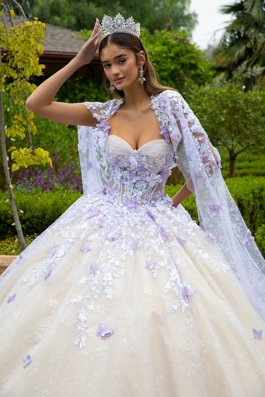 Champagne Lilac Floral Glitter Pattern 3D Butterfly Applique Mesh Quince ballgown w/ Detachable Cape front zoom