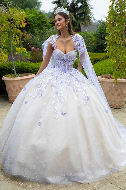 Champagne Lilac Floral Glitter Pattern 3D Butterfly Applique Mesh Quince ballgown w/ Detachable Cape front view