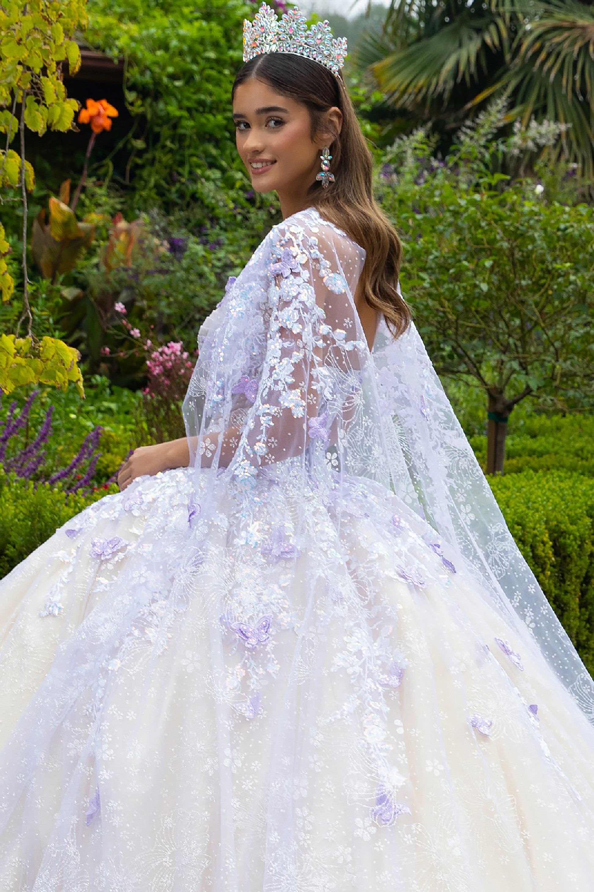 Champagne Lilac Floral Glitter Pattern 3D Butterfly Applique Mesh Quince ballgown w/ Detachable Cape side cape