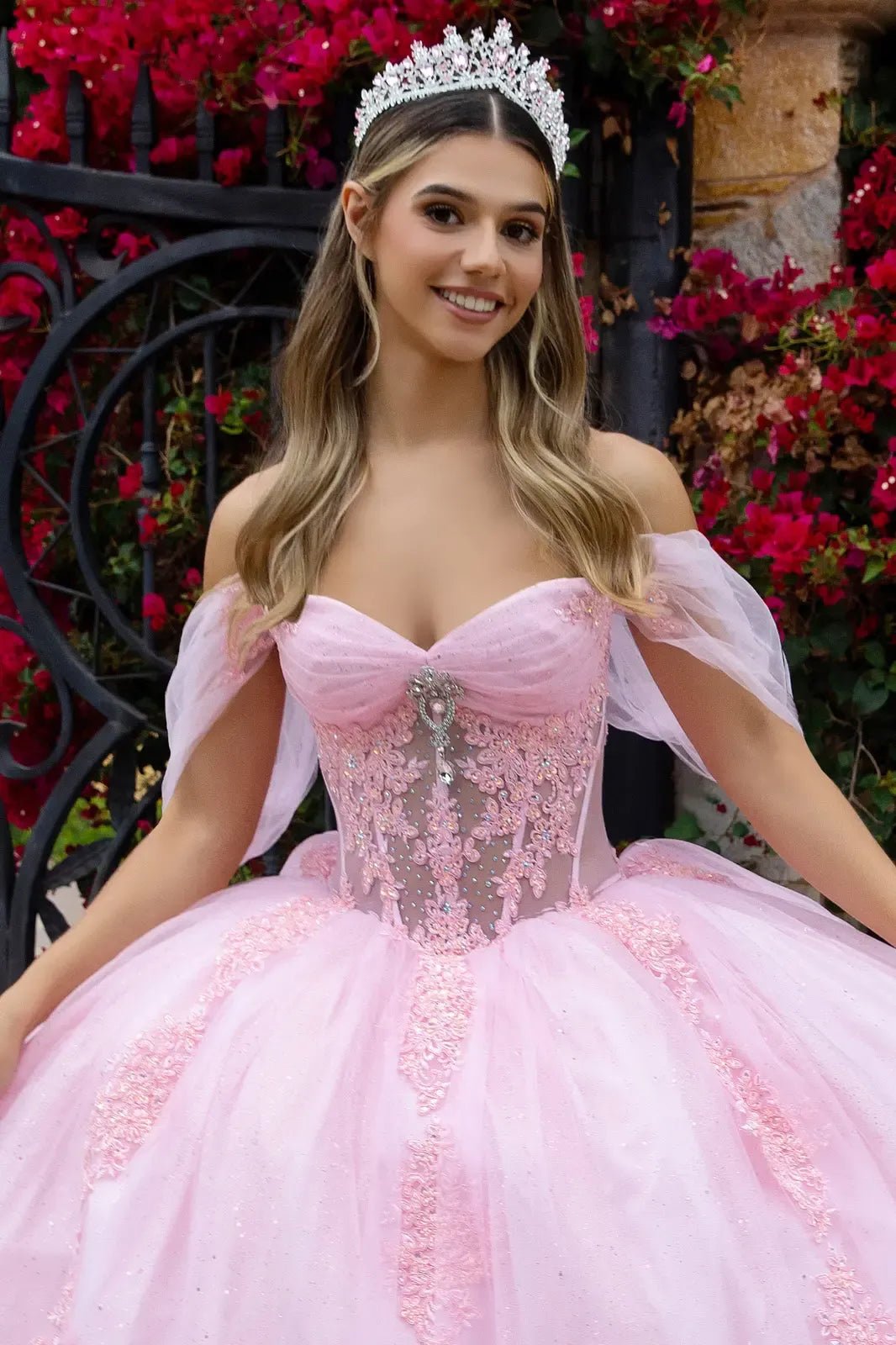 Quinceañera | Baby Pink Sweetheart Ball Gown with Sheer Bodice and Lace Embellished Glitter Mesh Skirt | Citlali dress front zoom