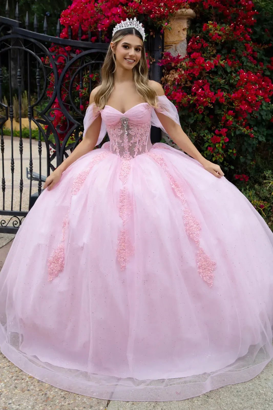 Quinceañera | Baby Pink Sweetheart Ball Gown with Sheer Bodice and Lace Embellished Glitter Mesh Skirt | Citlali dress