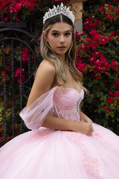 Quinceañera | Baby Pink Sweetheart Ball Gown with Sheer Bodice and Lace Embellished Glitter Mesh Skirt | Citlali dress side zoom