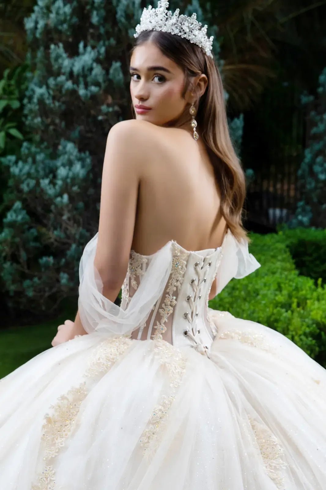 Quinceañera | Champagne Sweetheart Ball Gown with Sheer Bodice and Lace Embellished Glitter Mesh Skirt | Citlali dress back view