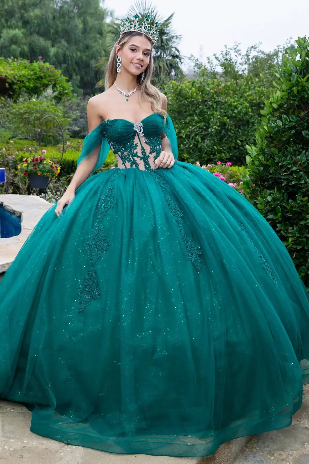 Quinceañera | Hunter Green Sweetheart Ball Gown with Sheer Bodice and Lace Embellished Glitter Mesh Skirt | Citlali dress
