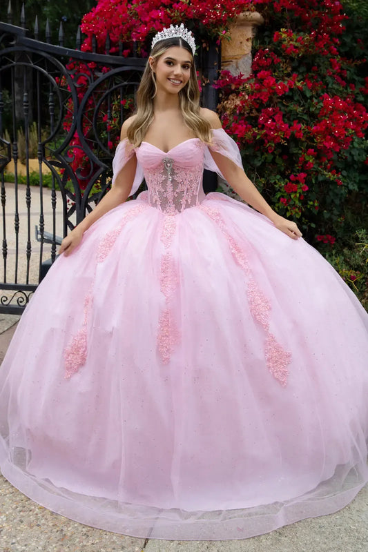 Quinceañera | Baby Pink Sweetheart Ball Gown with Sheer Bodice and Lace Embellished Glitter Mesh Skirt | Citlali dress