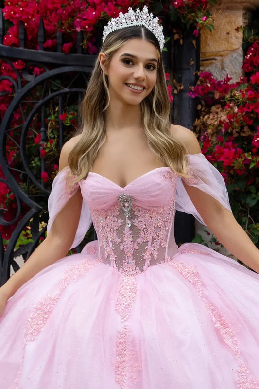 Quinceañera | Baby Pink Sweetheart Ball Gown with Sheer Bodice and Lace Embellished Glitter Mesh Skirt | Citlali dress front zoom