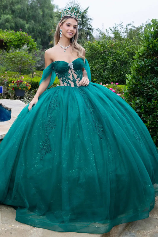 Quinceañera | Hunter Green Sweetheart Ball Gown with Sheer Bodice and Lace Embellished Glitter Mesh Skirt | Citlali dress