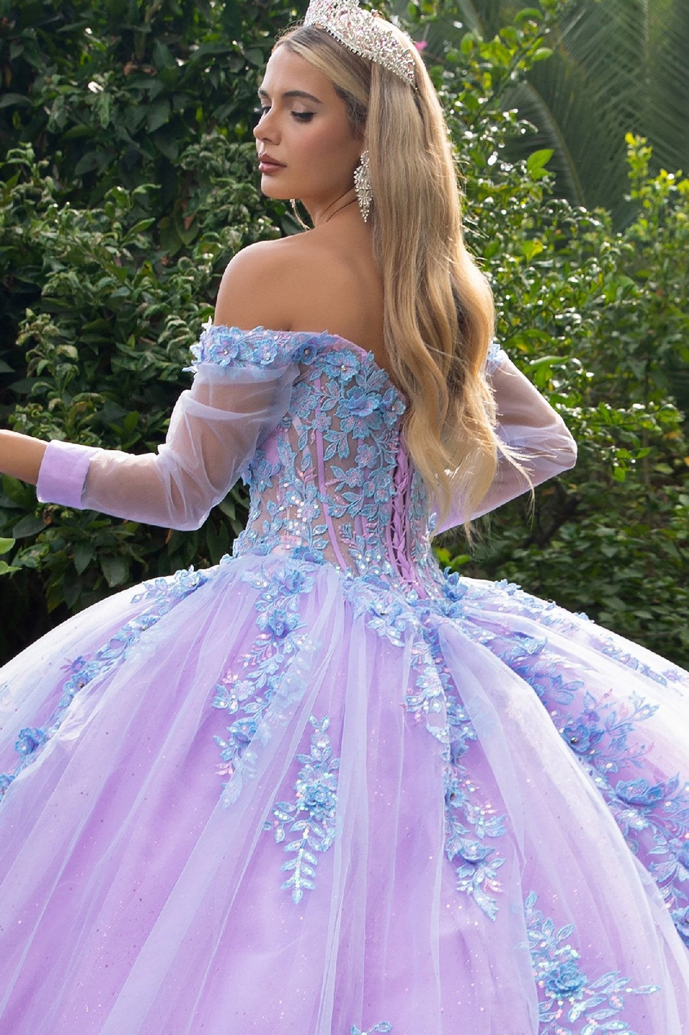 Lilac Blue Off-Shoulder 3D Floral Appliqués Long Mesh Sleeves Sweet 15 Ball Gown back zoom