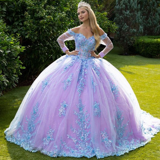 Lilac Blue Off-Shoulder 3D Floral Appliqués Long Mesh Sleeves Sweet 15 Ball Gown front view