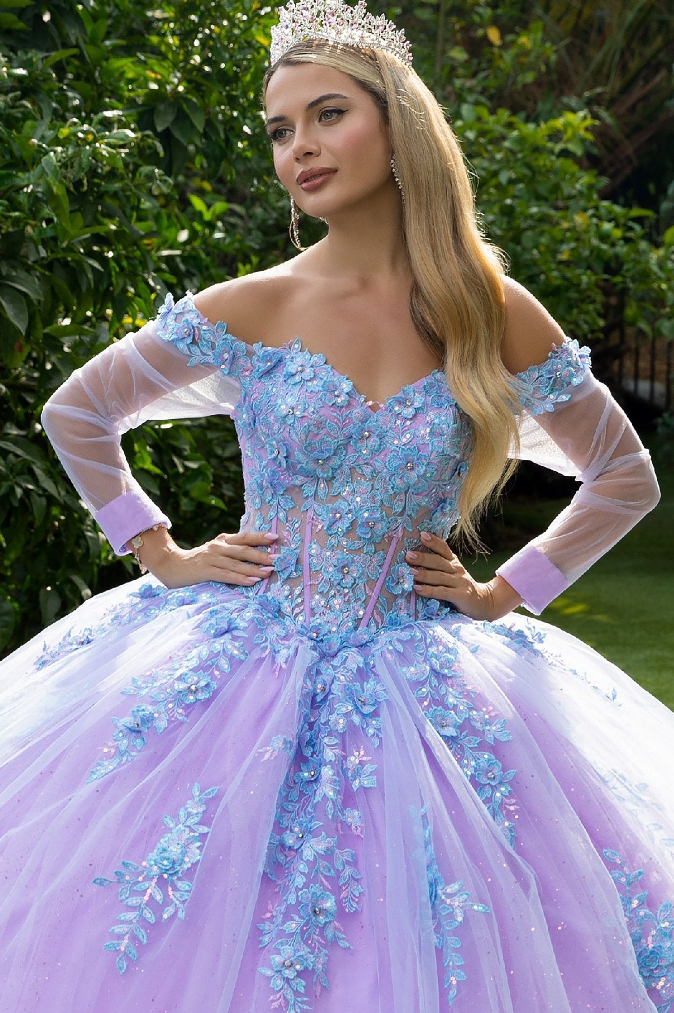 Lilac Blue Off-Shoulder 3D Floral Appliqués Long Mesh Sleeves Sweet 15 Ball Gown top zoom