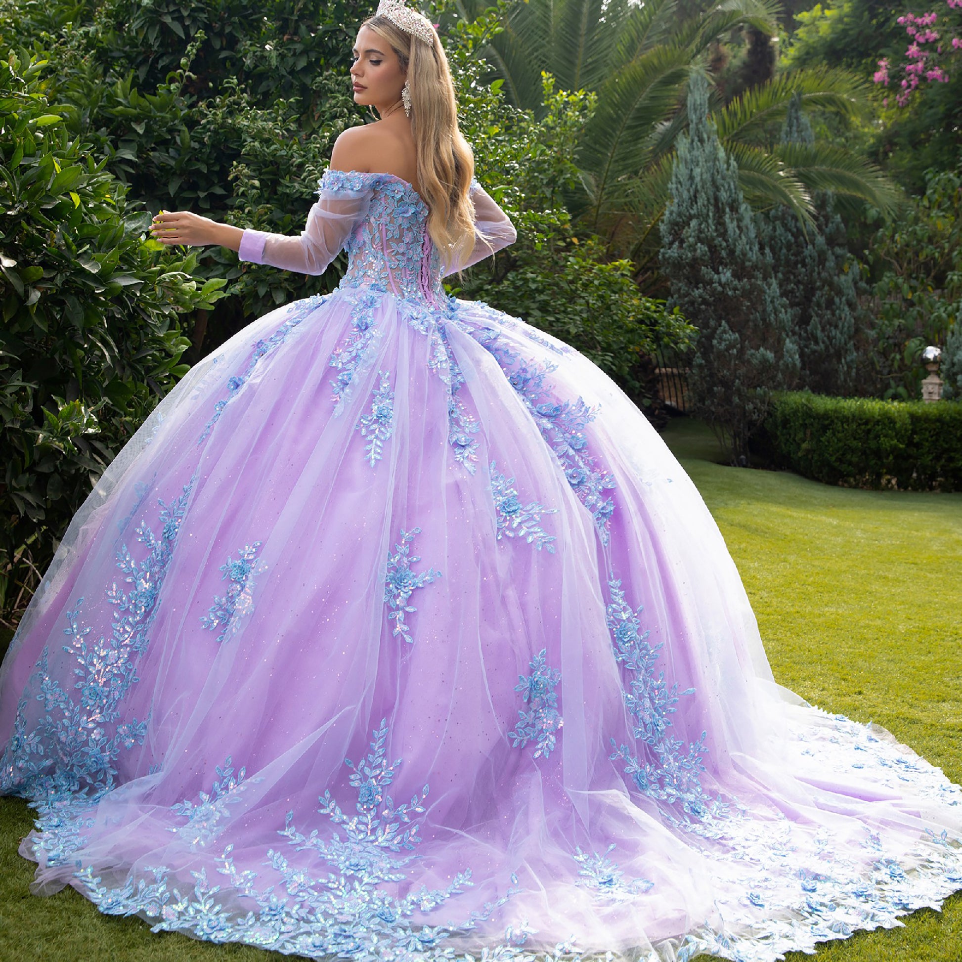 Lilac Blue Off-Shoulder 3D Floral Appliqués Long Mesh Sleeves Sweet 15 Ball Gown back