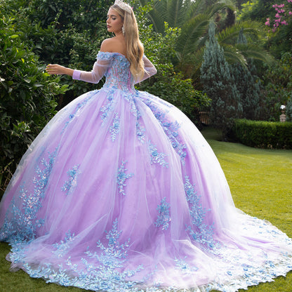 Lilac Blue Off-Shoulder 3D Floral Appliqués Long Mesh Sleeves Sweet 15 Ball Gown back