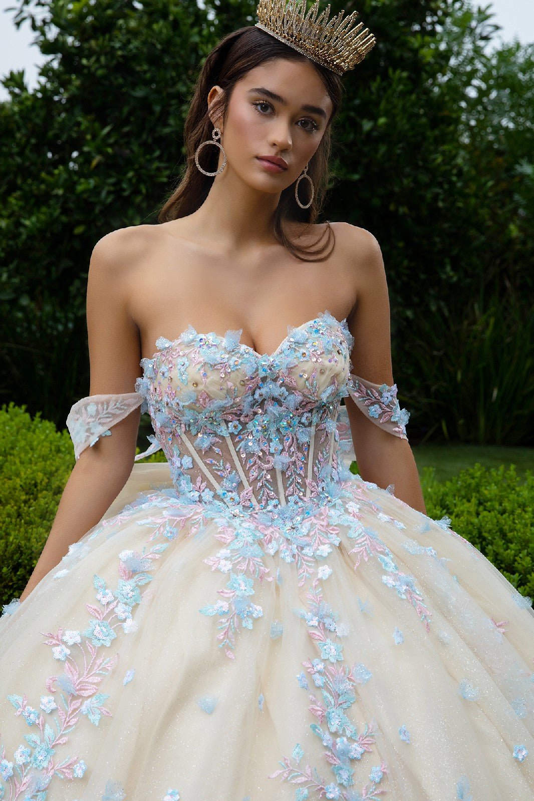 Champagne quince dress with blue and pink 3D Floral Appliqué Embellished 