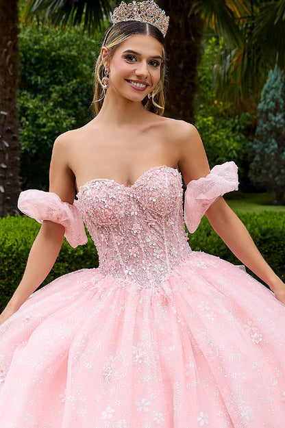 Quinceañera | Blush Beads Embellished Glitter Print Sweet 15 Ball Gown with Detachable Puff Sleeve | Plus Size Available | Mireya dress top view