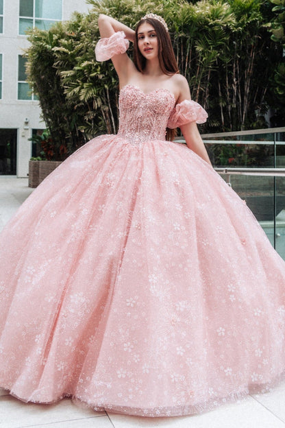 Blush Beads Embellished Glitter Print Sweet 15 Ball Gown with Detachable Puff Sleeve girl with tiara