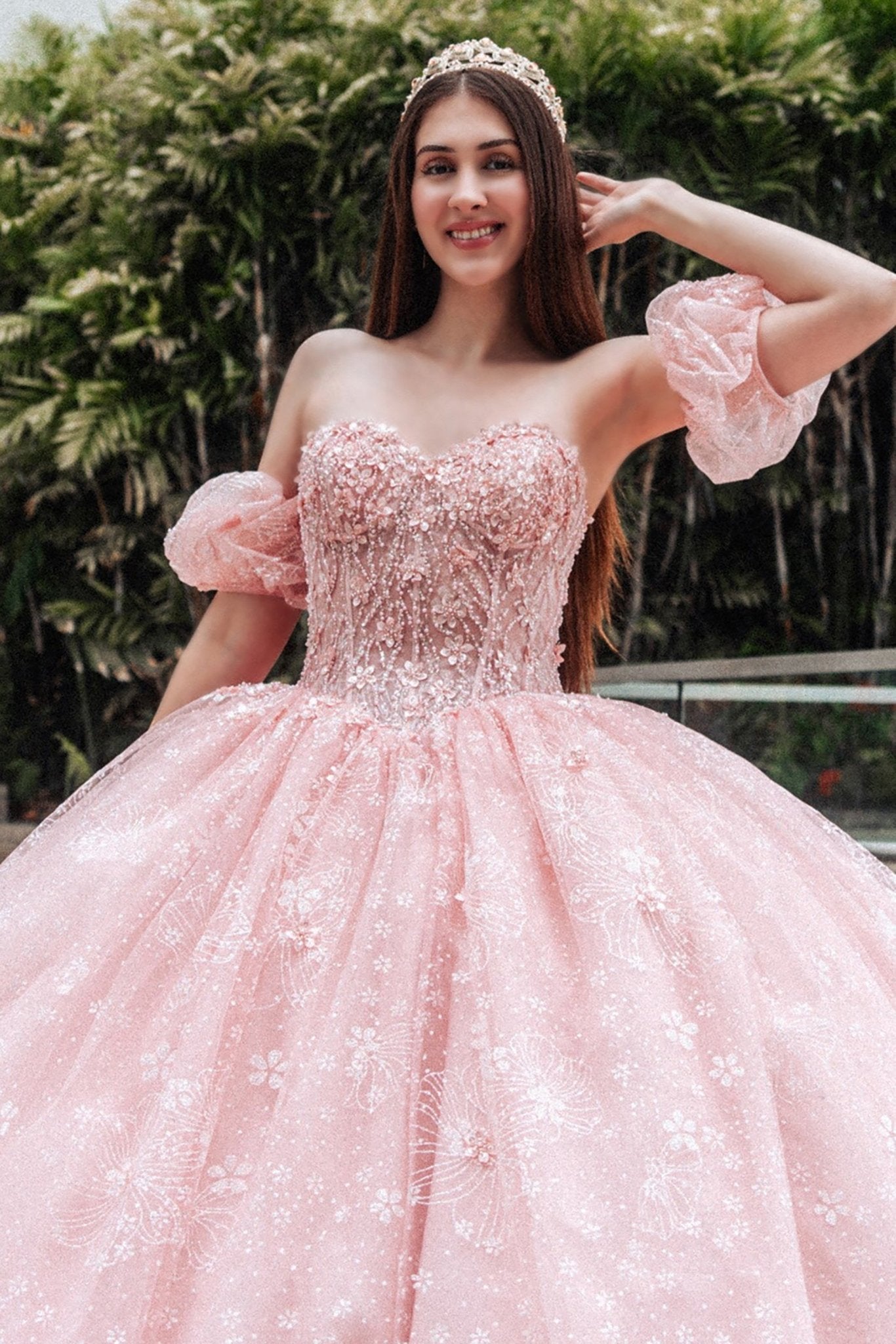 Blush Beads Embellished Glitter Print Sweet 15 Ball Gown with Detachable Puff Sleeve top view