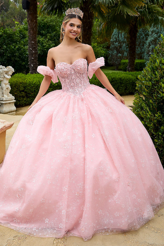 Quinceañera | Blush Beads Embellished Glitter Print Sweet 15 Ball Gown with Detachable Puff Sleeve | Plus Size Available | Mireya dress front view