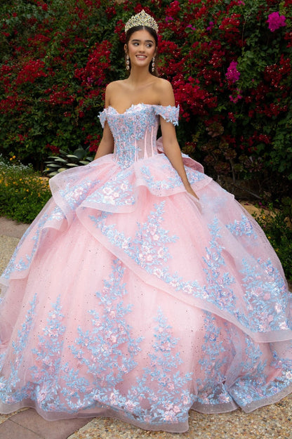 Quinceañera | Blush Ball Gown with Detachable Bow Skirt and Ruffle Overdress 