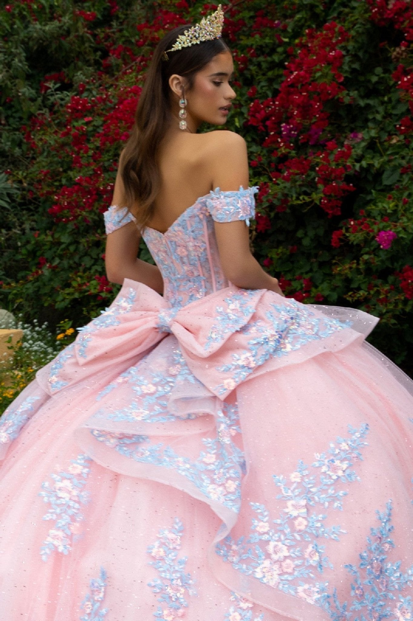 Blush Ball Gown showing the extra big bow and ruffled overlay