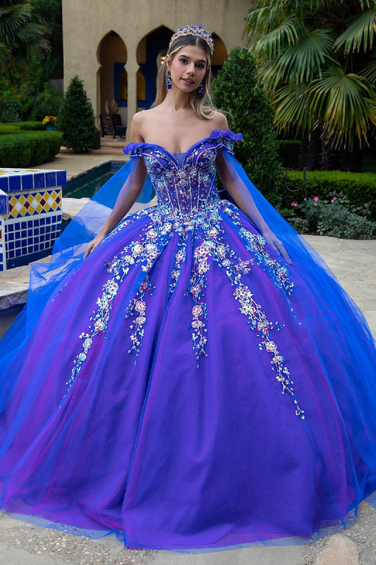 Royal Blue quinceanera Ball Gown with Watteau Train, Color-Shifting Under layer 