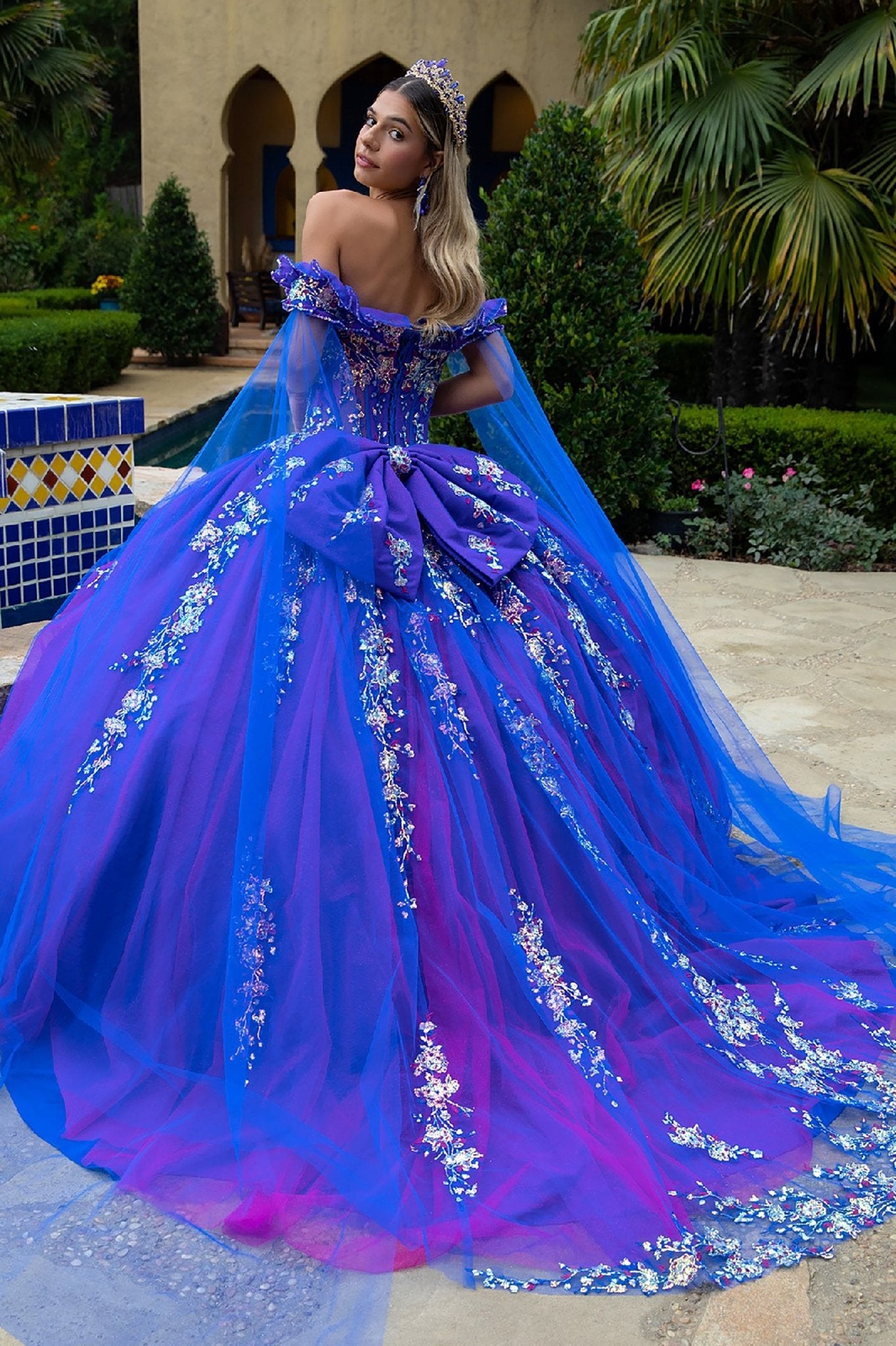 back of Royal Blue Ball Gown with Watteau Train, Color-Shifting layer and big back Bow