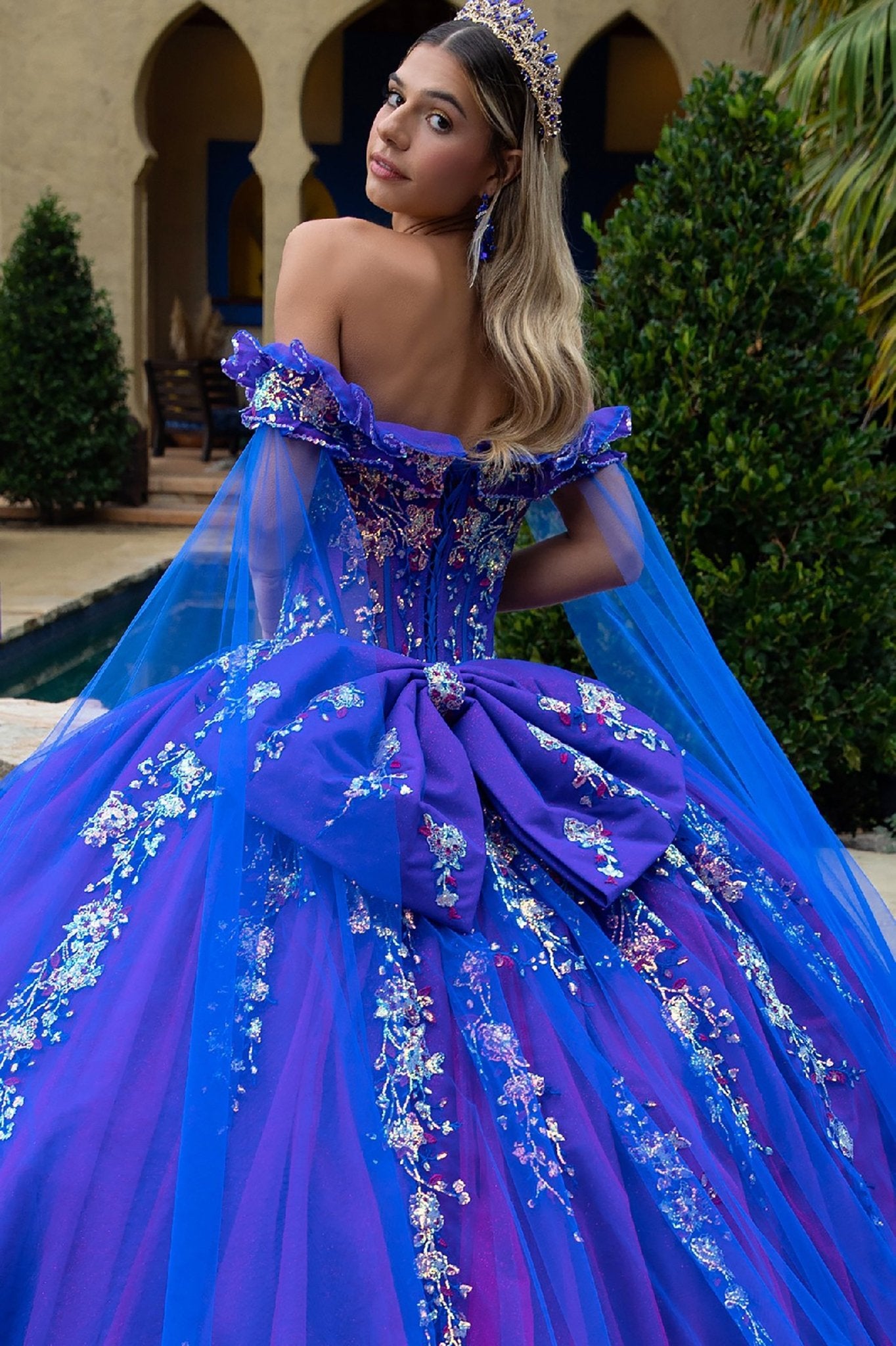Royal Blue Quinceañera Dress with Color-Shifting Layer and Bow XS / Blue
