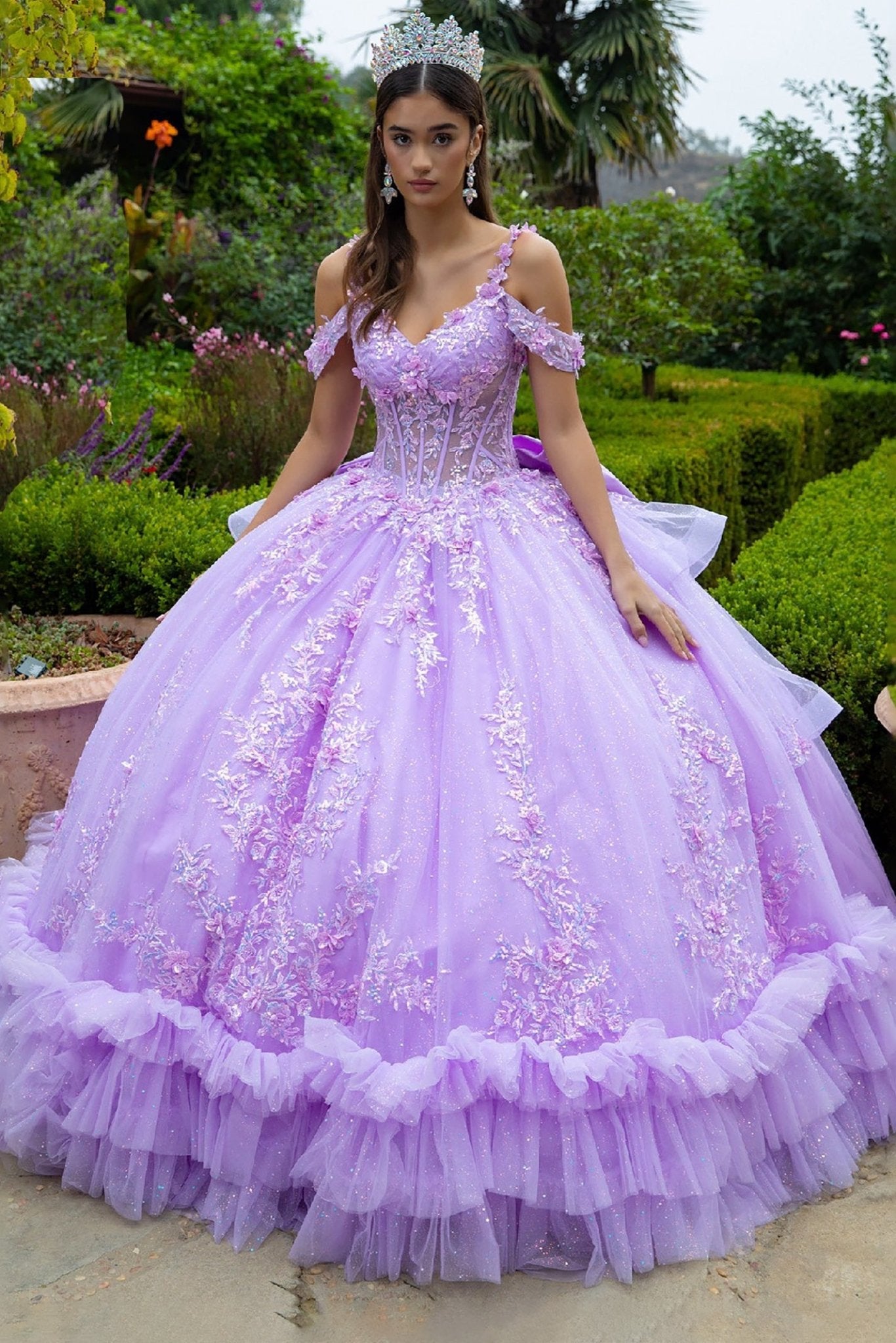 Lilac quinceanera Ball Gown with Ruffles, 3D Floral Appliques