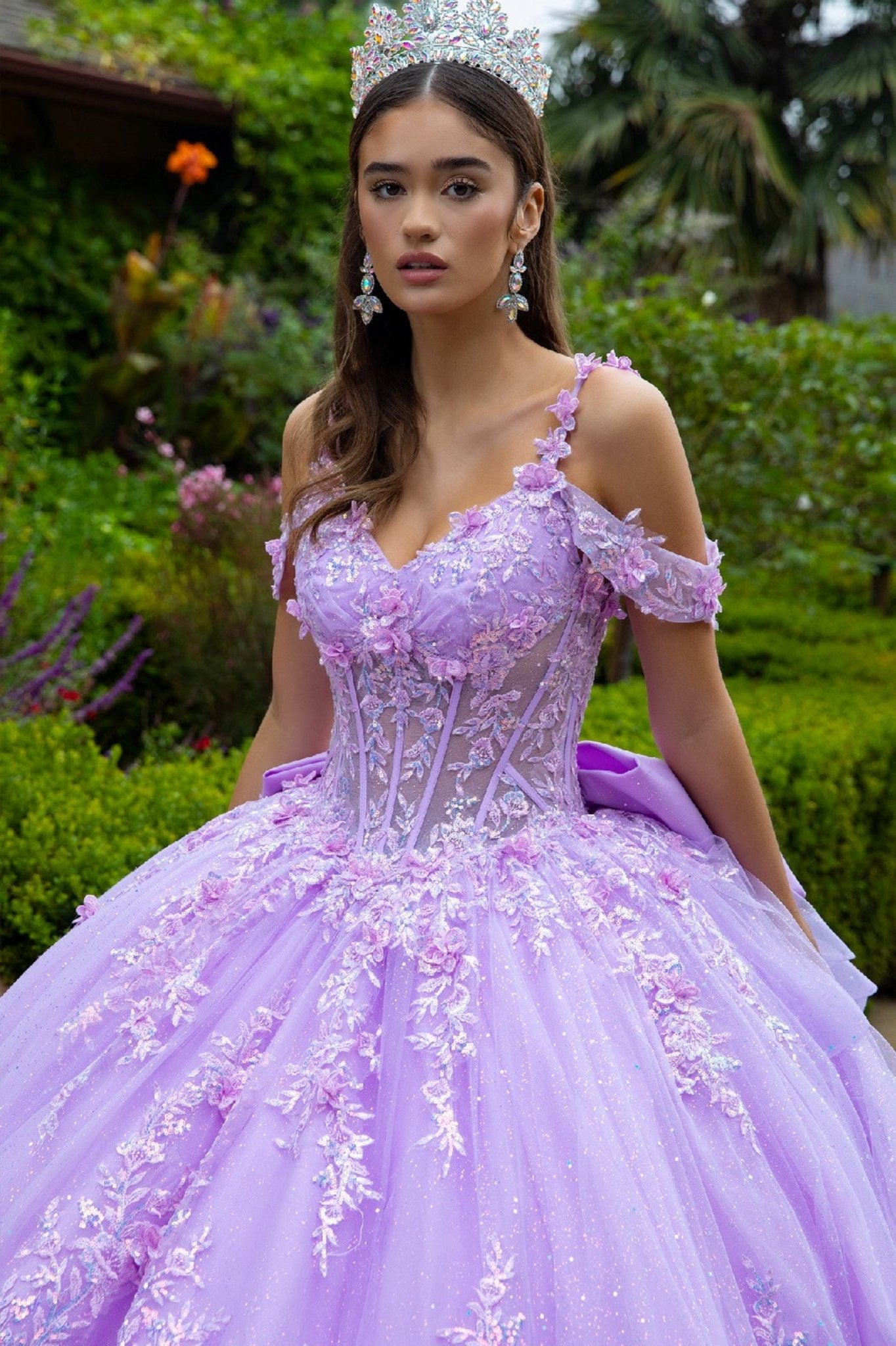 Lilac quinceanera dress with3D Floral Appliques and see though corset