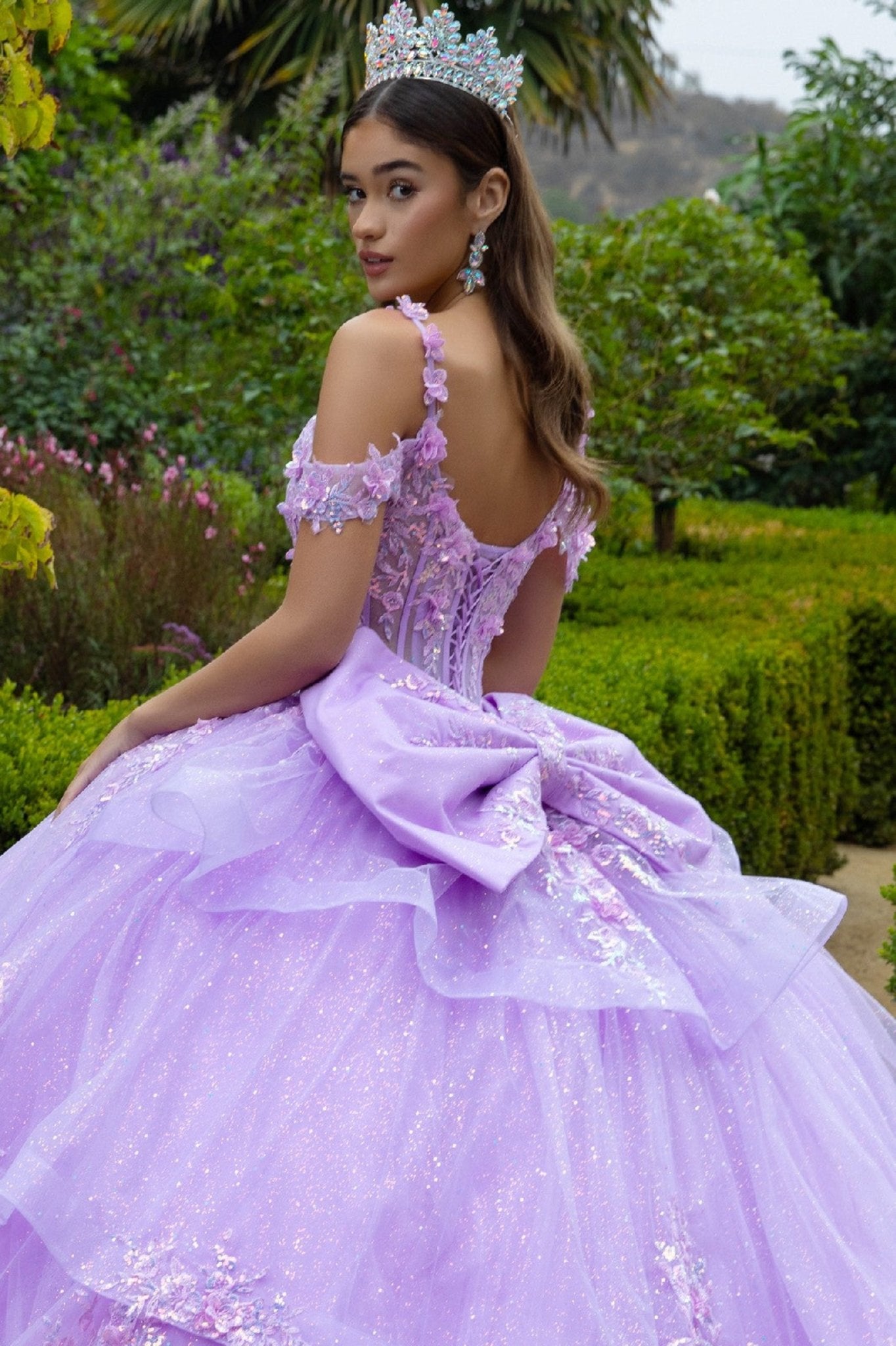 Lilac Ball Gown with layers, 3D Floral Appliques on shoulder, and Detachable large back bow