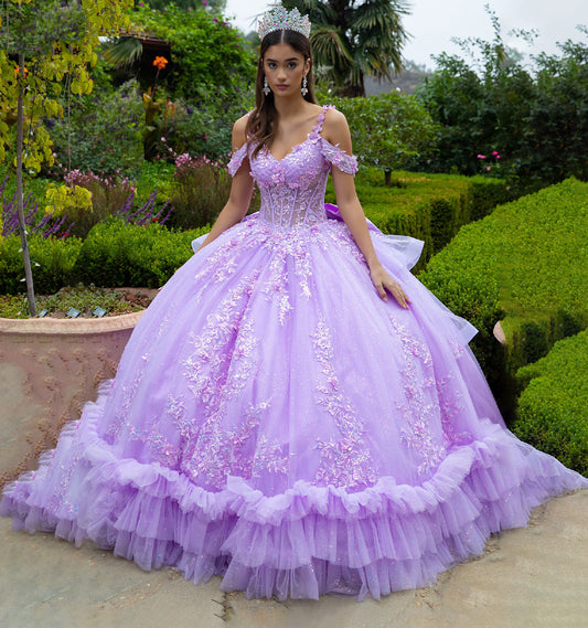 Quinceañera | Lilac Ball Gown with Ruffles, 3D Floral Appliques, and Detachable Bow | Celestina dress front