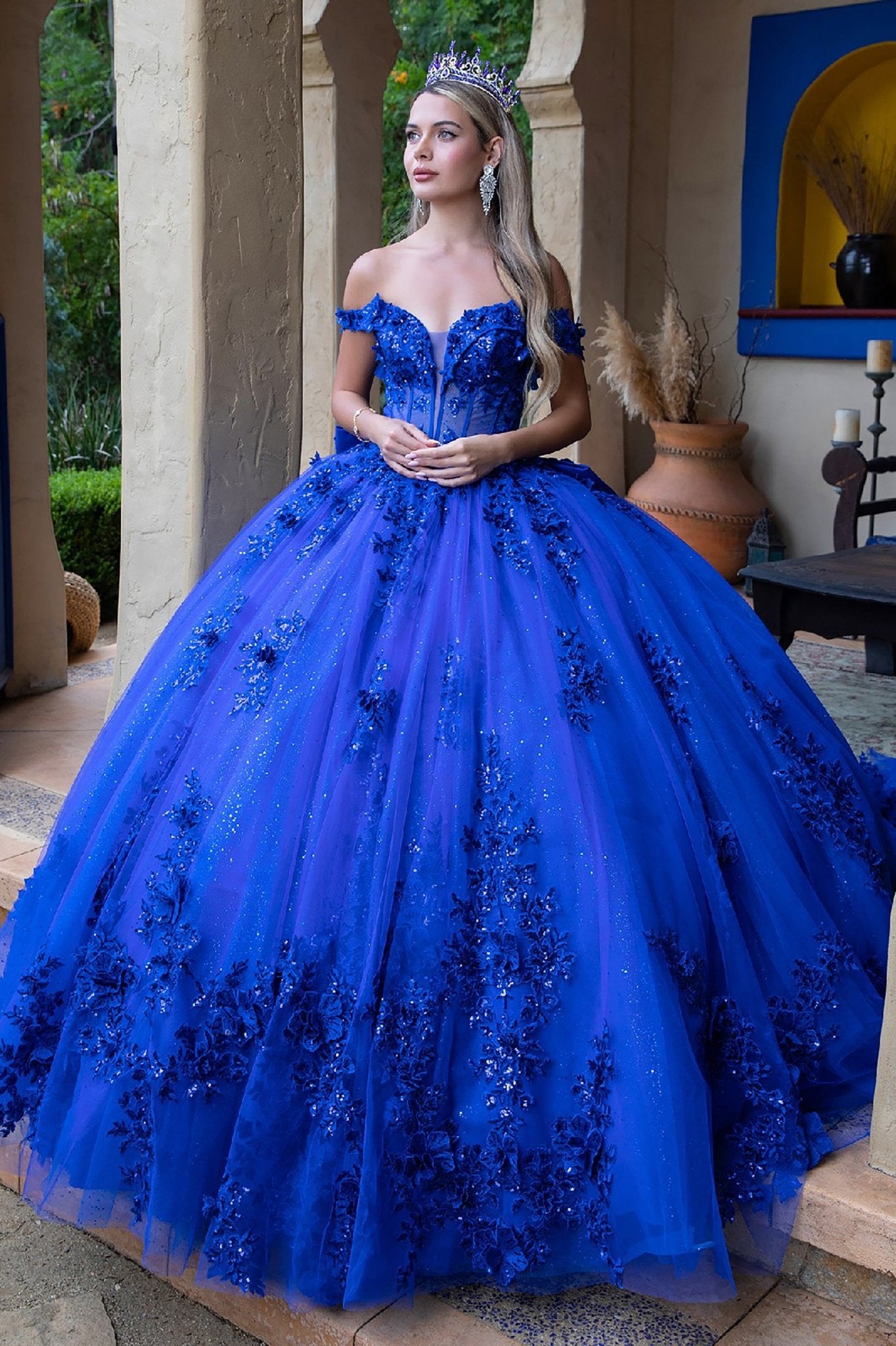 Quinceañera | Royal Blue Ball Gown with 3D Floral Appliques and Detachable Bow | Emelia dress
