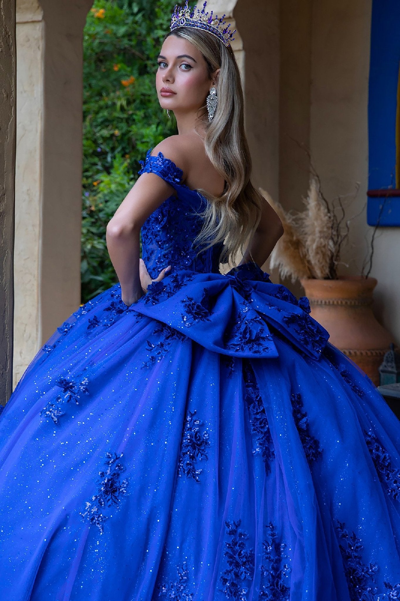 Quinceañera | Royal Blue Ball Gown with 3D Floral Appliques and Detachable Bow | Emelia dress back zoom